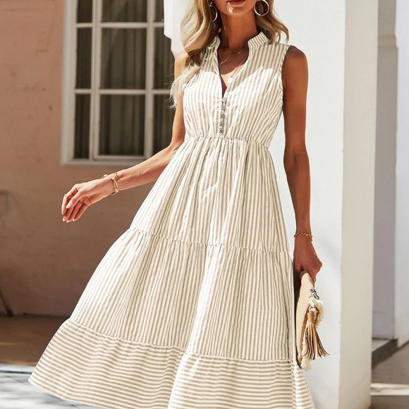 Multicolor Boho Womens Striped Print Notched Neck A-line Dress - Picture 4 of 5